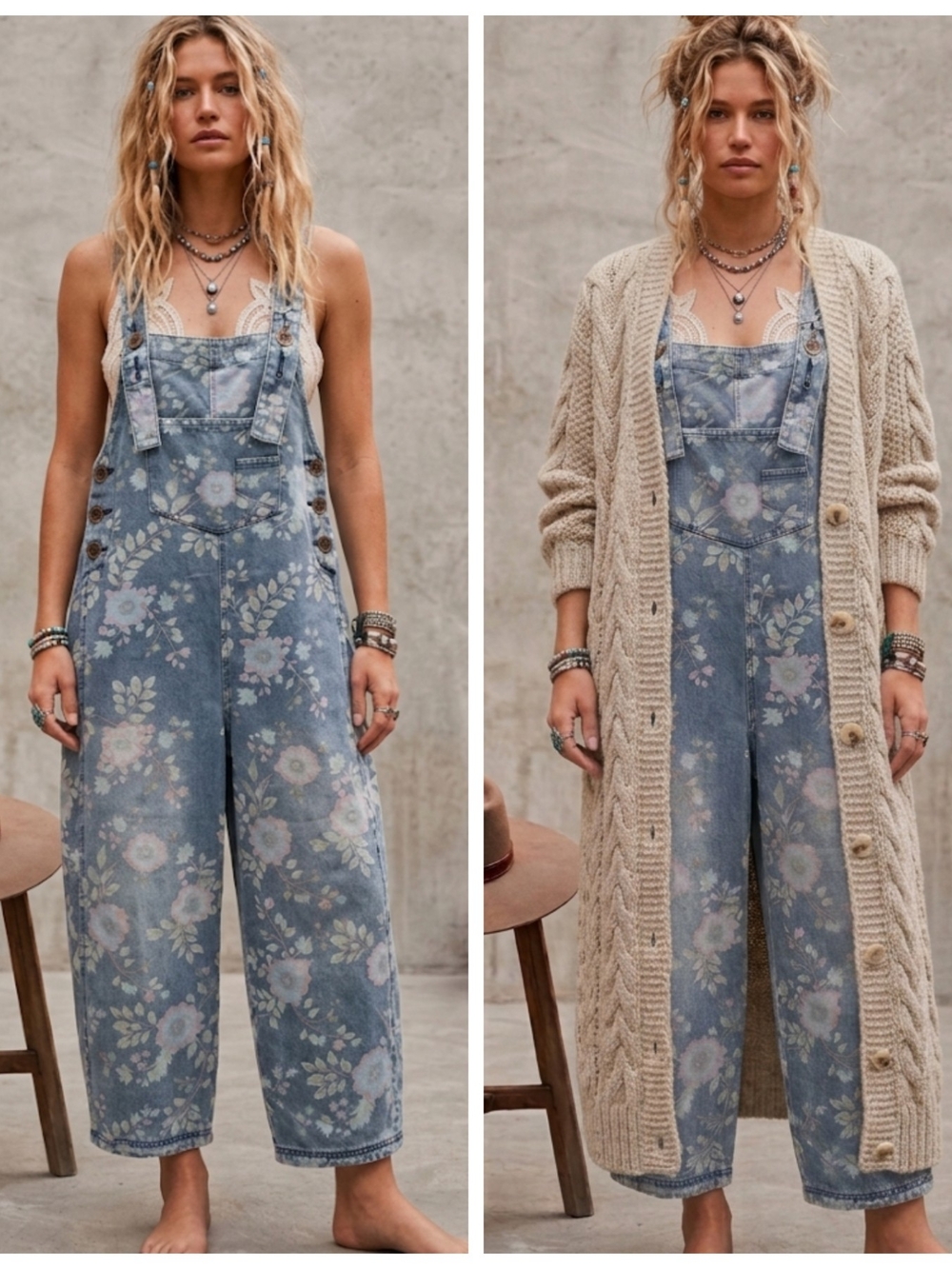 Floral Light Blue Denim Overalls for Women